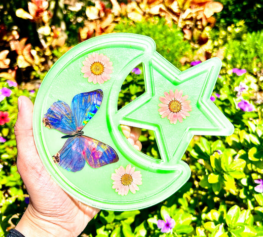 Holographic Pink Morpho Star Moon Jewelry Tray