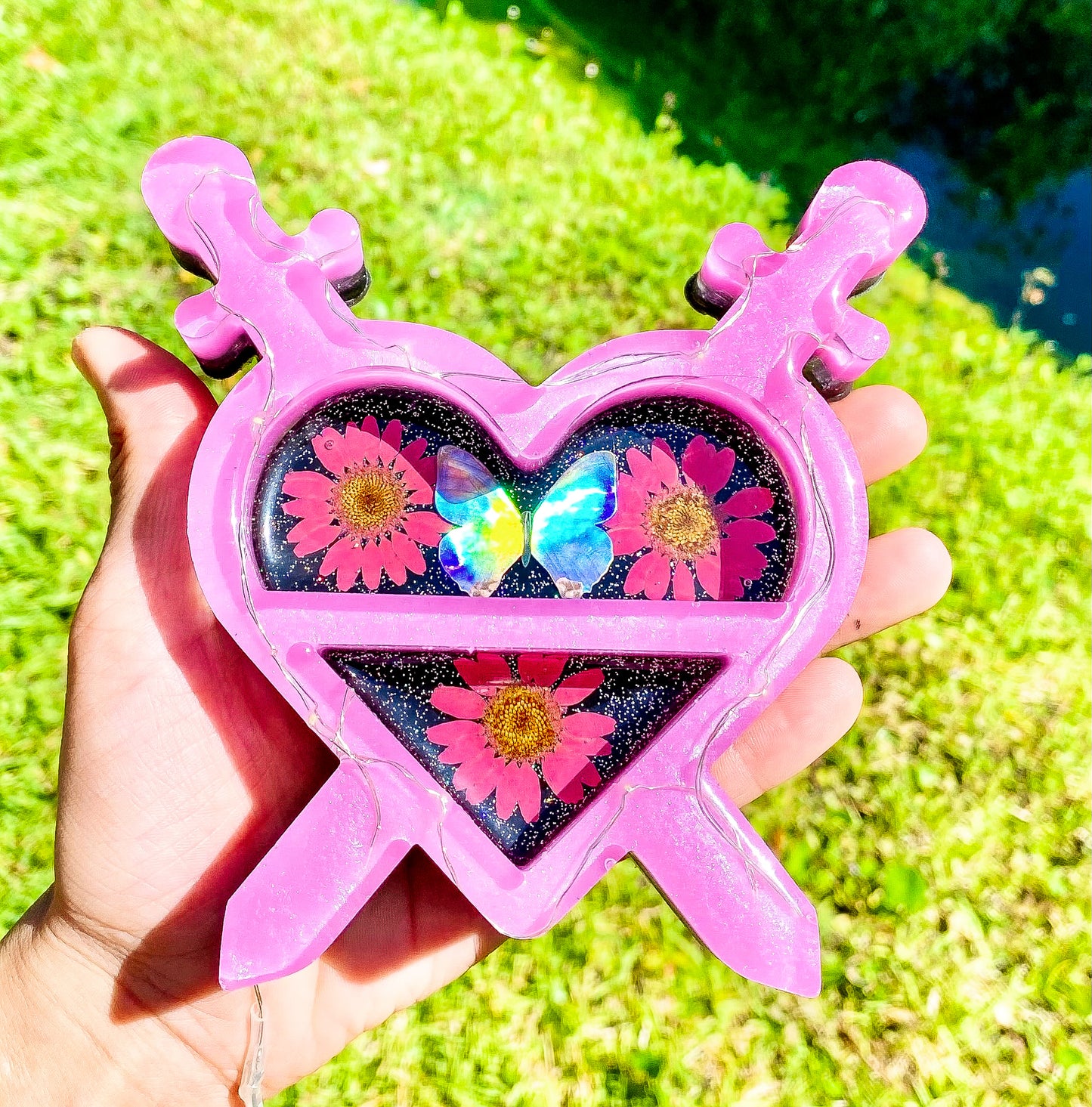 " Electric Union " Pink Morpho LED Dagger Heart Shelf