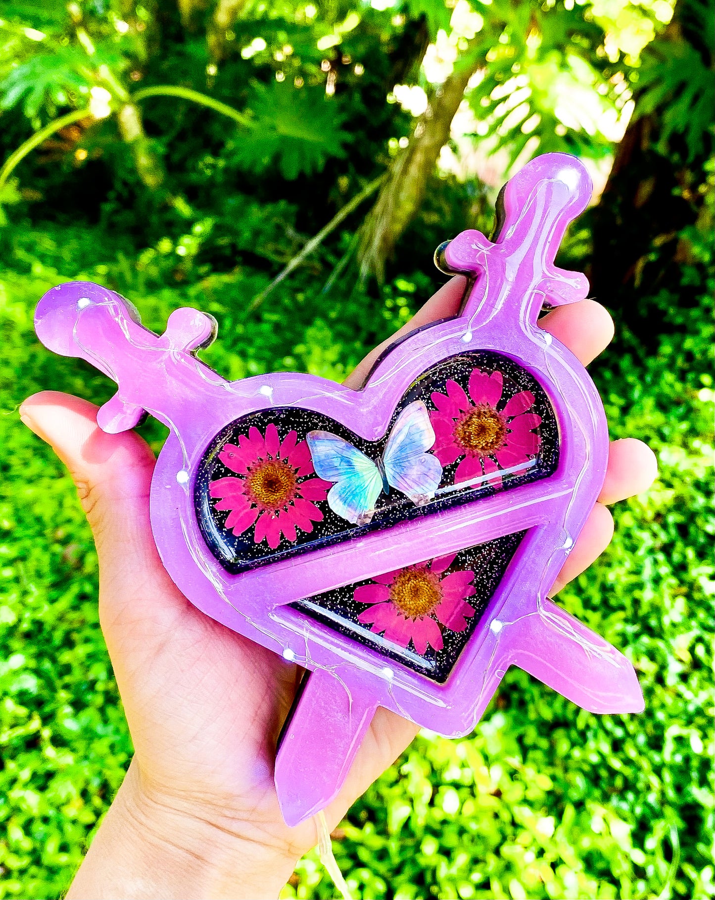 " Electric Union " Pink Morpho LED Dagger Heart Shelf