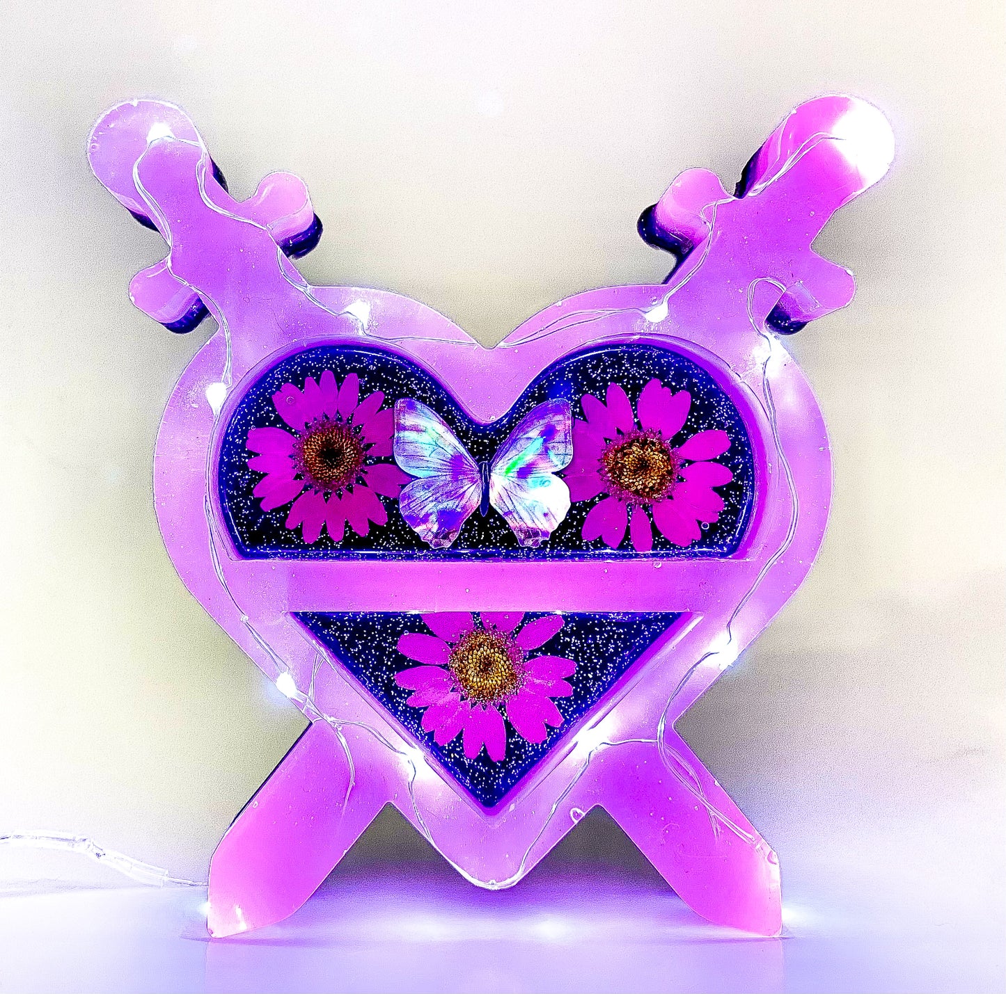 " Electric Union " Pink Morpho LED Dagger Heart Shelf