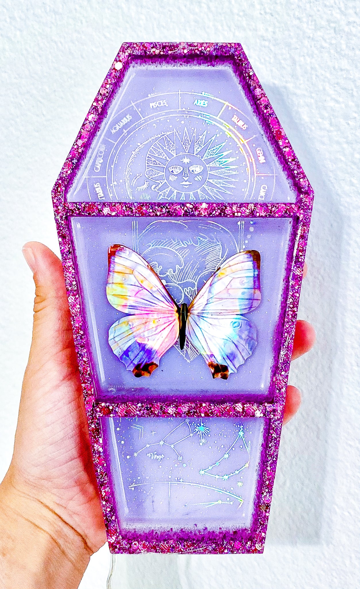 Celestial Pink Morpho LED Coffin Shelf