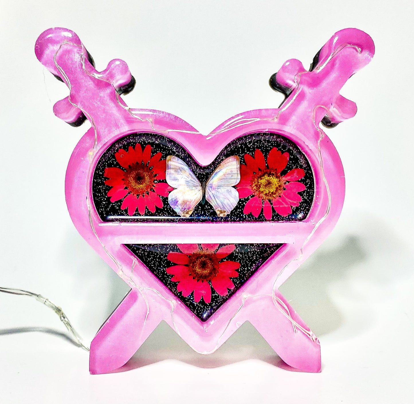 " Electric Union " Pink Morpho LED Dagger Heart Shelf