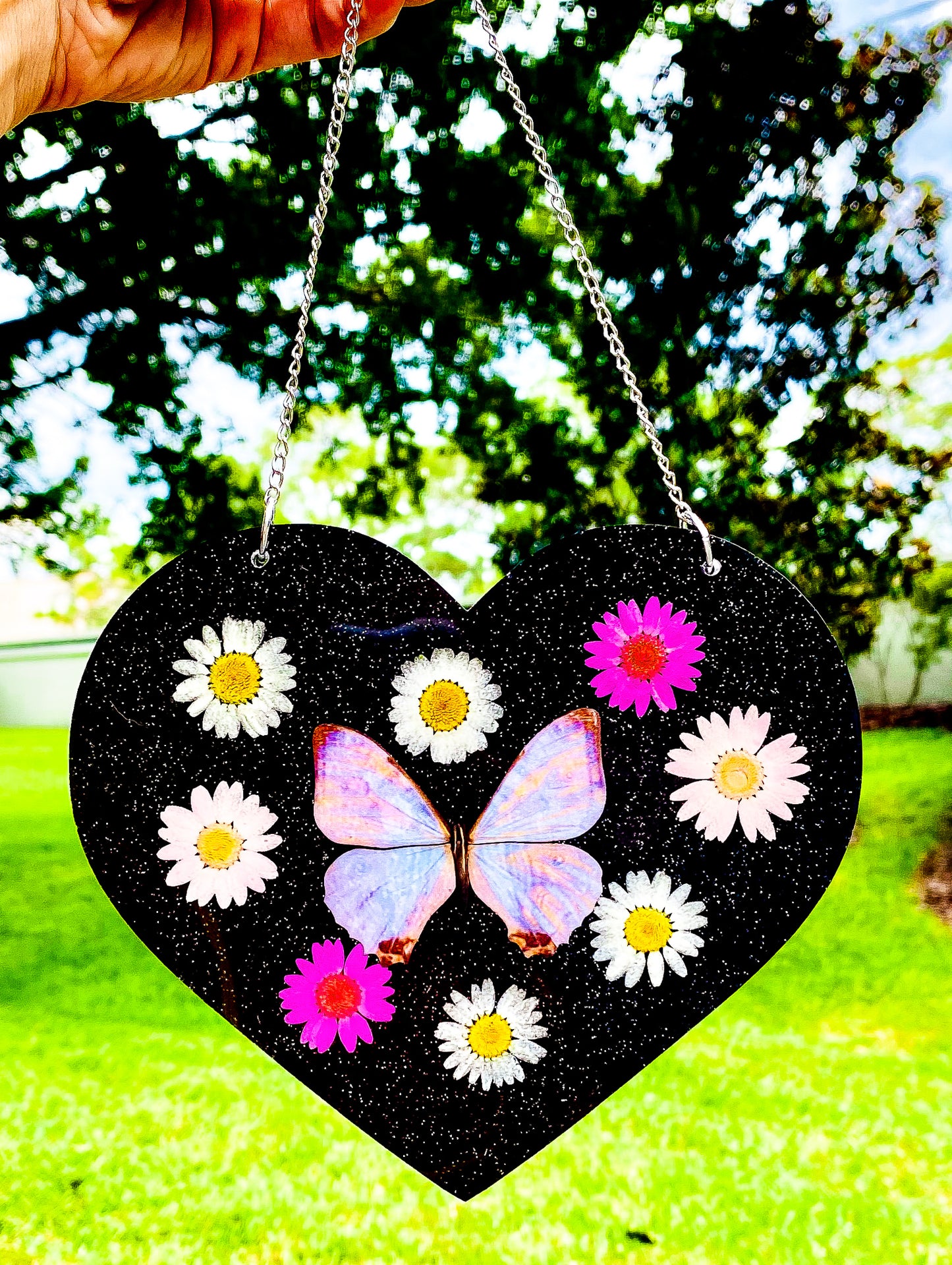 " Electric Thunder " Pink Morpho Heart Wall Hanging
